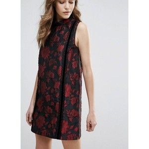 French Connection Dress 4 S Fast Betty Brocade Mock Neck Shift Red Black Brocade